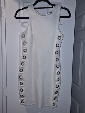 Vizio Diva's Ave White Mini Sheath Dress with Gold Grommet Trim